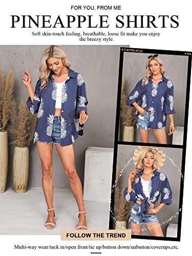 ZXZY Women Pineapple Printed Lapel Collar Half Sleeves Buttons Down Blouse Shirt4