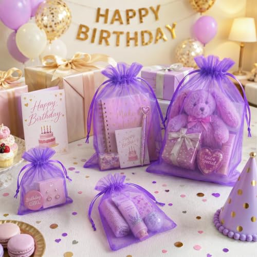 Image of FUNFERY 100PCS Purple Organza Gift Bags 5x7in,Drawstring Pouch for Jewelry