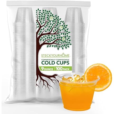 Stock Your Home 9 oz Clear Commercially Compostable Cold Cups (100 Pack) Plant Based Eco Party Cup, Environmentally Friendly Recyclable Disposable Sustainable for Water, Wine & Beer Sample Cover