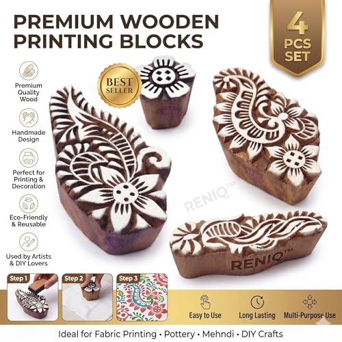 Image of RENIQ Wooden Printing Block for Fabric & DIY Craft | Handcrafted Indian Design Stamp for Textile, Pottery, Mehndi & Home Decor (Multicolor12)