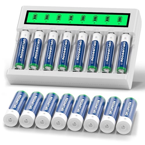 Delyeepow Batterie Ricaricabili AA AAA con Caricatore, 8 Pezzi 3300 mAh Pile Ricaricabili AA e 8 Pezzi 1100 mAh Pile Ricaricabili AAA 1.2V Ni-MH, 8 Indipendente Slot LCD Caricabatterie