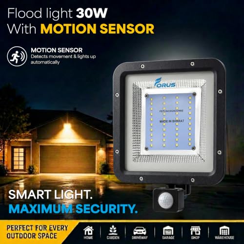 Image of Forus 30W LED Flood Light Amber with Motion Sensor Auto On Off Day Night Mode Waterproof Outdoor Security Light for Garden Parking Garage Factory Warehouse High Bright Floodlight 4Yr Warranty-1Pc