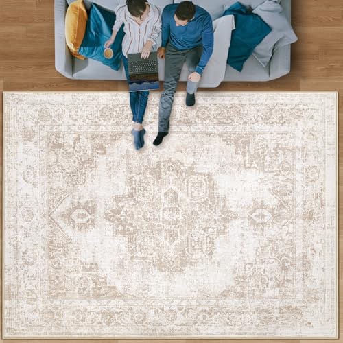 Area Rug 8x10 Vintage Rug: Large Washable Indoor Medallion Rugs Low Pile Distressed Floor Carpet Retro Accent Rug for Living Room Bedroom Kitchen Dining Table Home Office(Beige, 8'x10')