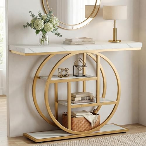 Lailang 105cm Consolle Ingresso, Tavolo Consolle, Mobile Ingresso con Ripiani, Mobiletto Ingresso Legno, Mobile dietro Divano Salvaspazio, Consolle Ingresso Stretta, 105 x 30 x 80 cm, Oro Bianco