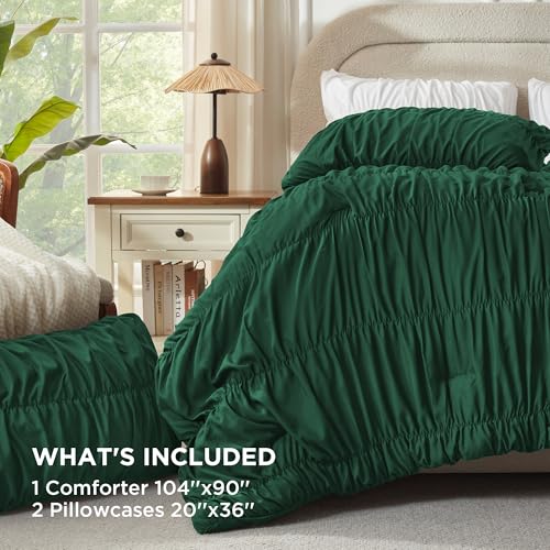 Image of Andency Ruched Dark Emerald Green King Size Comforter Set, Shabby Chic Pleated Bedding Sets 3 Pieces, Lightweight Soft Boho Ruffle Bed Set for Girls, Kids, Women, All Season