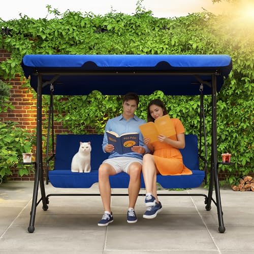 FUQARHY 3 Seat Patio Swing with Canopy, Outdoor Porch Swing with Stand for Adults, Glider Swings for Outdoors with 2 Side Table, 2-in-1 Convertible Swing Chair for Patio, Garden, or Backyard (Blue)
