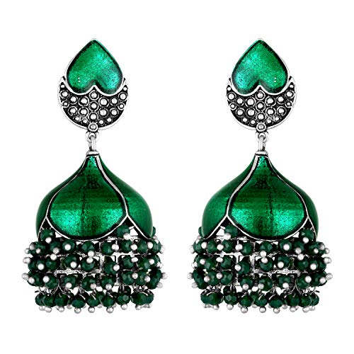 Boucles d'oreilles indiennes jhumka vertes en émail et perles pendantes