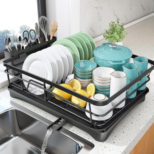 Dish Drying Rack - Stainless Steel Dish Rack with Drainboard for Kitchen Counter and Sink Dish Drainer with Removable Utensil Holder