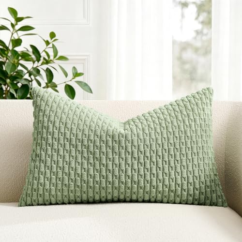 Kevin Textile Spring 16x24 Inch Pillow Cover 1 Pack Boho Decorative Soft Striped Corduroy Lumbar Farmhouse Solid Color Accent Rectangle Cushion Case for Living Room Couch Sofa Bed Sage Green
