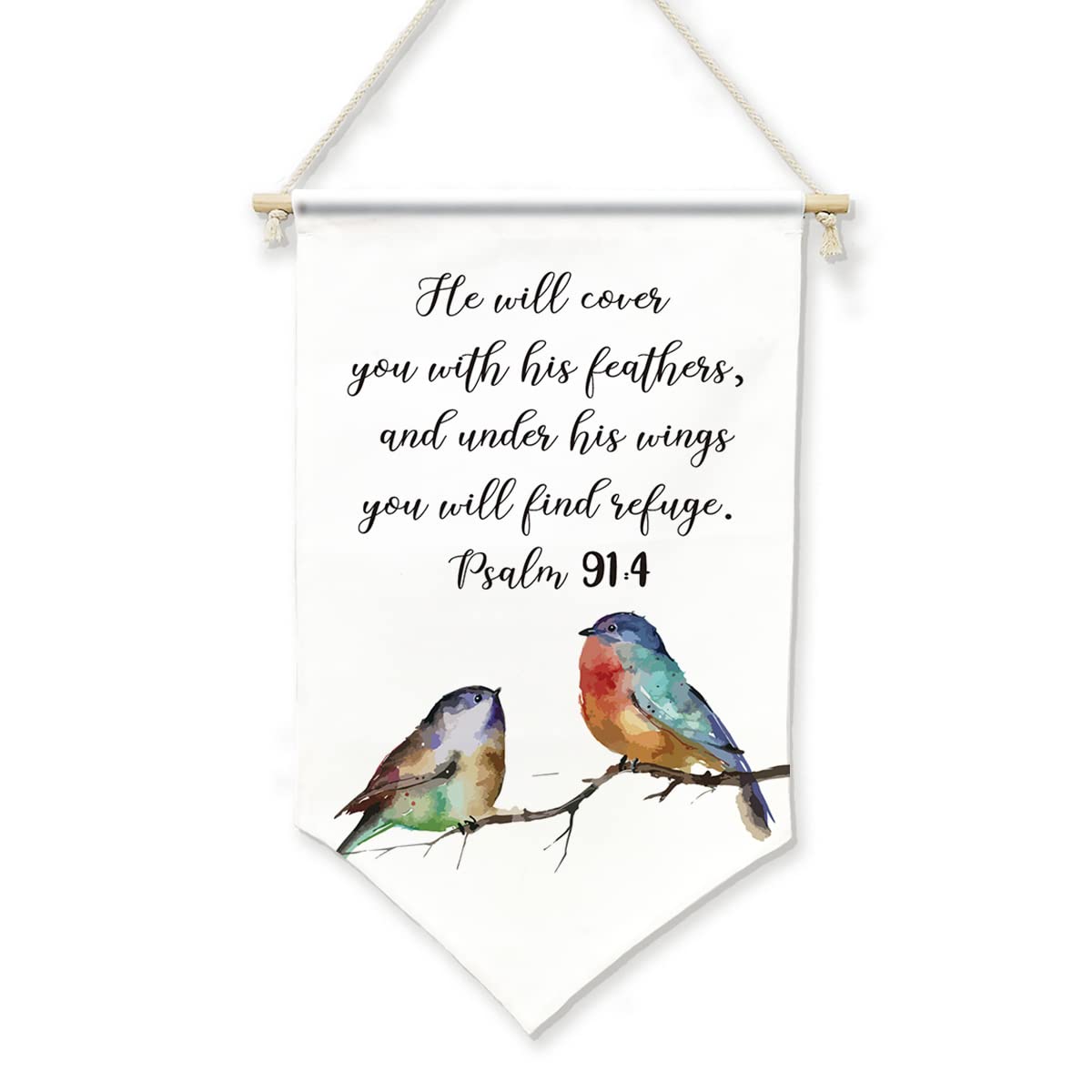 Bible Verse Canvas Banner Wall Hanging Quote He Will Cover You with His Feathers Psalm 91:4 Scripture Painting Hanger Bird Poster Wall Art Canvas Flag Home Decor Sign 12" x 20"