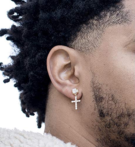Yellow Gold Plated 925 Sterling Silver Hanging Drop Round Stud Cross Earrings for Men Women Dangle Earrings Unisex Hip Hop Jewelry CZ Hypoallergenic Ice Out Cross Dangle Earrings for Men3
