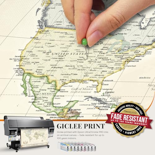 Image of DECORARTS - Oversized Personalized World Travel Map with Pins, Custom Name, Pin Board Canvas Wall Art, Colorful World Decor, Optional Wood Frame, Giclee Print, Handcrafted in USA, 40x30''