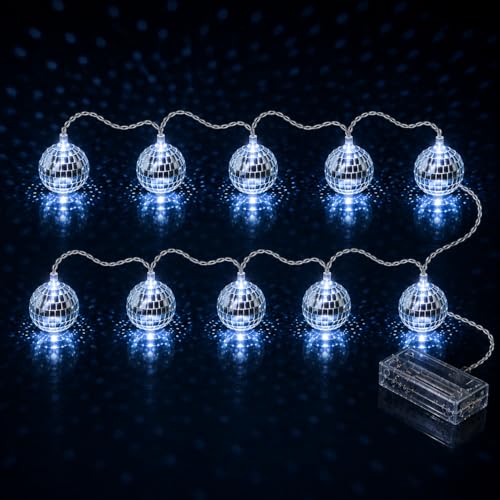 Youdepot Disco Ball Light String – 10 LED 9.84-Foot Mirror Disco Ball String Lights, Battery Powered for Party, Wedding, Christmas, Holiday, Classroom Decor (Silver White, 1.57 Inch)