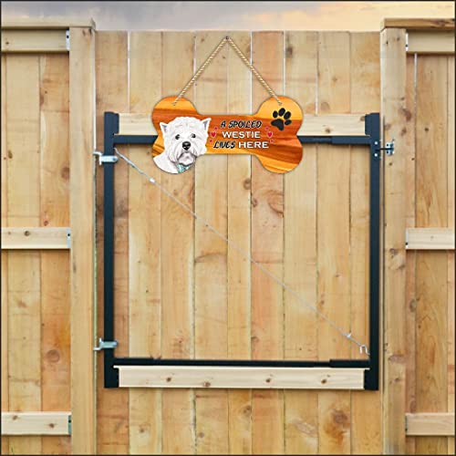 Image of CVANU Laser Cut MDF Wooden Pet Dog Sign Plaque Bone Design A Spoiled Westie Lives Here Animal Love Sign Board, Name Plate for Dog House White, Size(10x5) inch