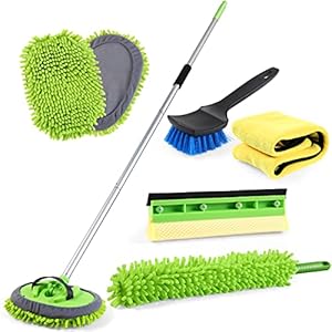 LEZIOA 62″ Car Wash Brush with Long Handle, Car Cleaning Kit with Soft Car Wash Mop Sponge Windshield Window Squeegee Car Duster Microfiber Towels to Clean car SUV RVs Trucks Pickups and Buses