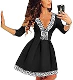 FANCYINN Women Deep V-neck Lace Patchwork Skater Mini Cocktail Dress Black S