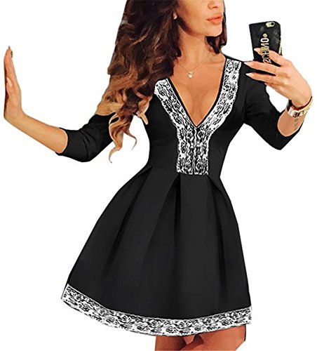 FANCYINN® Women Deep V-Neck Lace Patchwork Skater Mini Cocktail Dress Black S