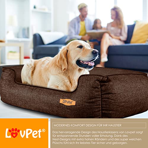 Lovpet® Hundebett Hundekissen Hundekorb Chiller, Inkl. Napf + 3X Kauknochen, Hundesofa Kissen für Kleine, Mittelgroße & Große Hunde, Bezug abnehmbar und waschbar, L 90 x 75 x 25 cm Braun