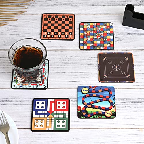 Image of GKD Coaster Set of 6 Beautiful Wooden Coasters with Proper Coaster Stand Designer Coaster Set for Tea Cups, Coffee Mugs and Glasses (Board Games)