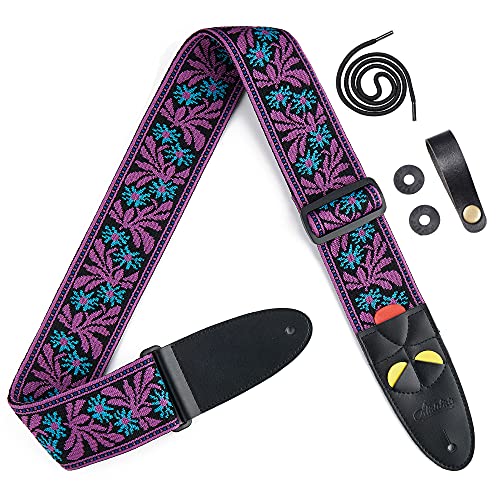 AMUMU Correa de guitarra Jacquard morado y azul flor para bajo, accesorios de guitarra eléctrica y...