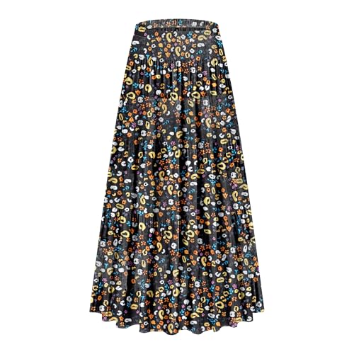 CYiNu Women's Chiffon Elastic High Waist Tiered Pleated Floral Printed A-Line Boho Long Maxi Skirts(Black Orange Floral,S)