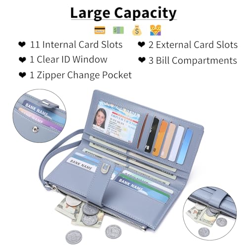 Image of Womens Wallet Bifold Long Card Holder Vegan Leather with Zipper Pocket