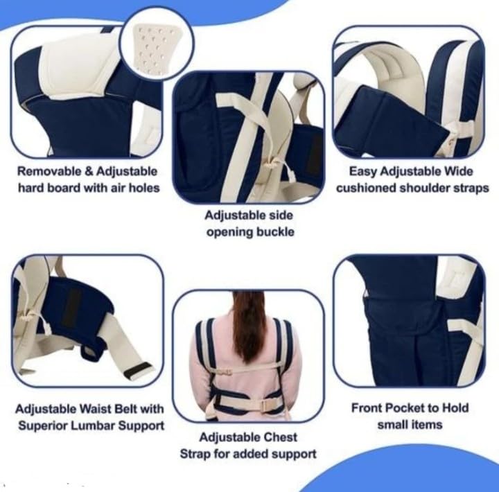 Image of Baby Carrier, Brown and Cream, Ergonomic Design with Padded Straps, Front and Back Carry (navyblue&Beige)