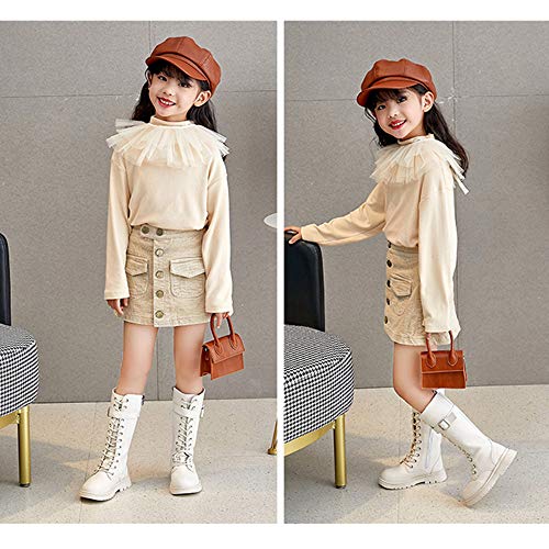 TangDao Girl's Fashion Waterproof Leather Buckle Lace-Up Side Zipper Knee High Mid Calf Combat Riding Boots Girls Autumn Winter Boots(1.5 M US Big Kid,Beige)2