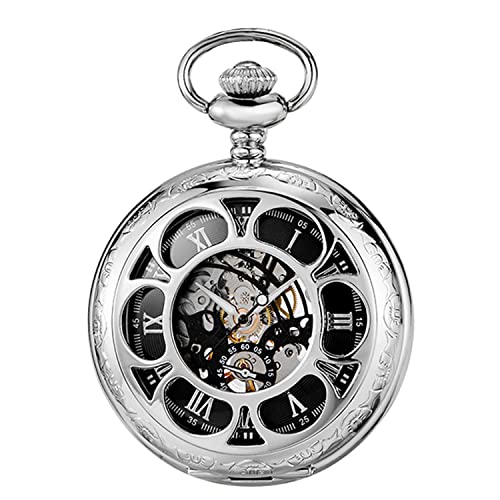 Image of Black and Silver Roman Numeral Dial Mens Mechanical Moon Phase Design, Moon Sun Pattern Skeleton Mechanical Pocket Watches for Men with Case and Chain - Black
