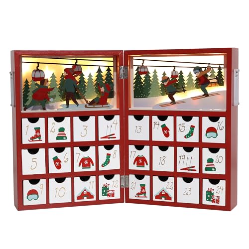 PE Calendario de Adviento de madera de Navidad con 24 cajones e iluminación LED, escenas de esquí de Navidad, color rojo, cuenta regresiva, regalos de vacaciones, decoración del hogar para adultos y