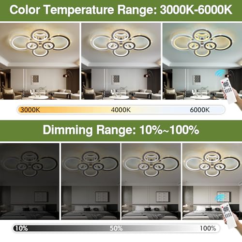 Image of Modern 98W Ceiling Light 6-Rings LED Ceiling Light Fixture with Remote Control Chrome Acrylic Dimmable Flush Mount Stainless Steel Chandelier for Livingroom Dining Room Kitchen Bedroom.