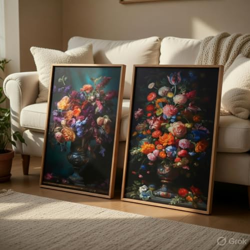 Image of Livin'luxe Vintage Floral Vase Wall Painting Set of 2 with Wooden Frames | Classic Flower Bouquet Artwork HD Sparkle Laminated MDF Wall Decor | Elegant Botanical Wall Art for Living Room Bedroom