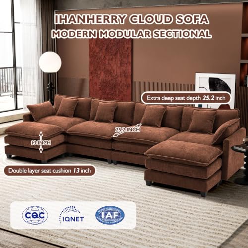 Image of Ihanherry 146 inch U-Shaped Modern Sofa Modular Sectional Luxurious and Comfortable with 2 Ottoman, 6-Seat Chenille Deep Seat Sofa with 6 Pillows for Living Room, Bedroom and Apartment, Brick Red