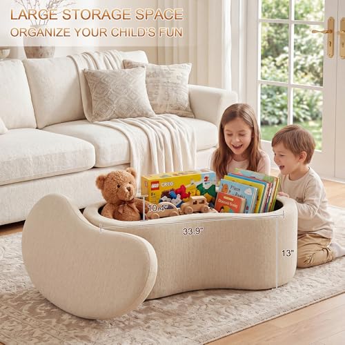 Image of Zesthouse Storage Bench for Bedroom End of Bed, 39.4 inch Small Curved Entryway Ottoman Bench, Beige Linen Fabric Bench Seat for Living Room Hall Mudroom, Modern Upholstered Coffee Table Crescent Shape