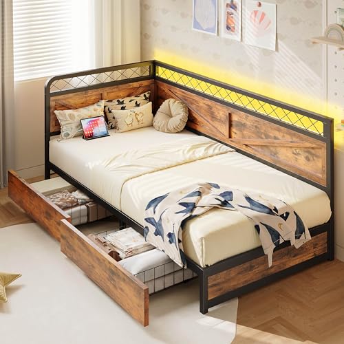 ANCTOR Twin XL Daybed with Storage Drawers, Corner Bed Frame with LED Lights and Charging Station for Living Room, Bedroom and Guest Room, Industrial Brown