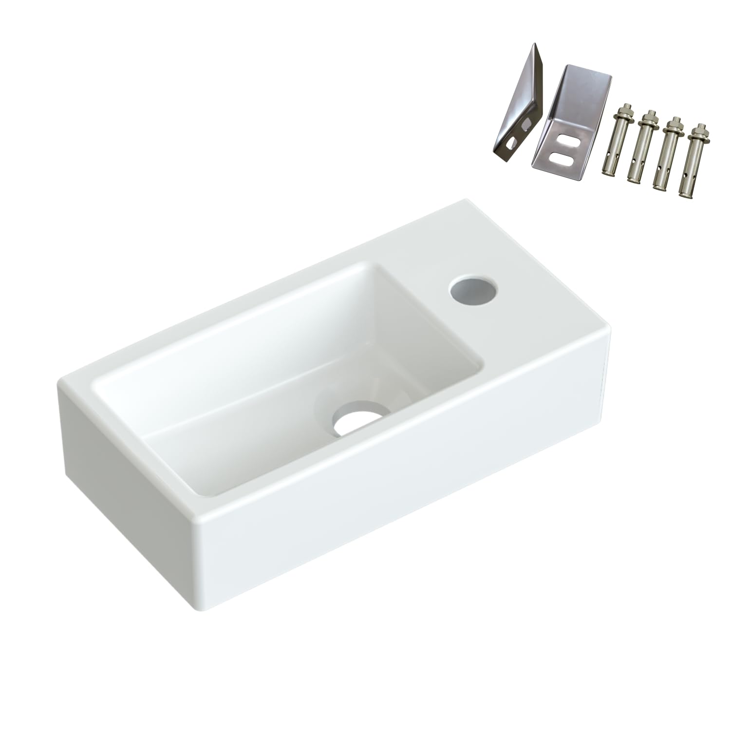 Waschbecken Keramik Waschtisch Hängewaschbecken klein Handwaschbecken Weiß Eckig 40 x 20 cm Badezimmer Gäste WC Hahnloch Rechts mit Stockschrauben | OHNE Überlauf | OHNE Wasserhahn | OHNE Ablaufventil