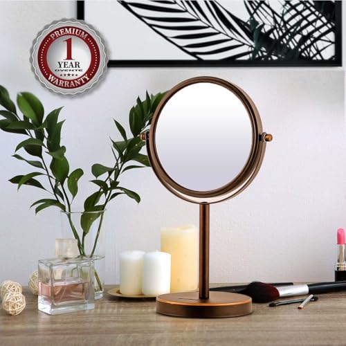 Image of OVENTE 6'' Tabletop Vanity Makeup Mirror, Antique Bronze MNLT60ABZ1X7X | Double Sided Round Magnifying Table Mirror with 1X /7X Magnification, 360 Rotation, Perfect for Dresser Bedroom Office Travel
