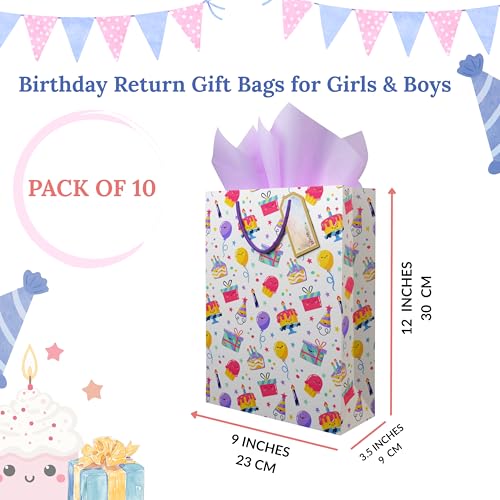 Image of Flora Paperbags - Birthday Pack of 10 Paper Bags for Return Gifts | Medium Carry Bags for Gifts | Return gift bags for kids birthday | Christmas Paper gift bags for kids party |size 30 (H)x23 (W) x9 (B)cm
