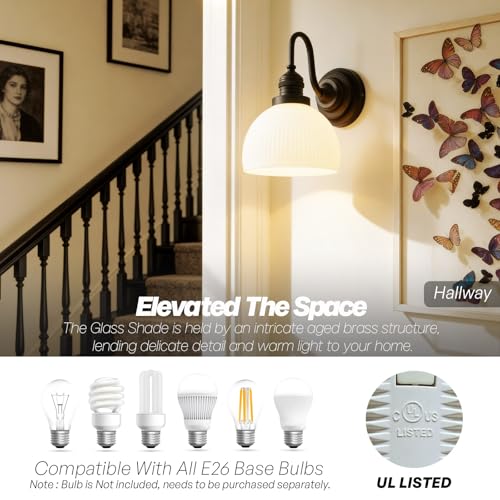Image of Black Wall Sconce Vintage Milk Glass Bathroom Vanity Light | Bathroom Light Fixtures,Matte Black,Thick Half-Round Glass Shade,Hardwired Only,E26 Base,for Bathroom Mirror Hallway