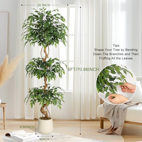 GarveeHome Ficus Artificial Tree with Curved Trunk,6 Feet Faux Plant Fake Silk Trees with White Pot, Fake Ficus Tree for Home Decor, Artificial Plants Indoor for Office Living Room