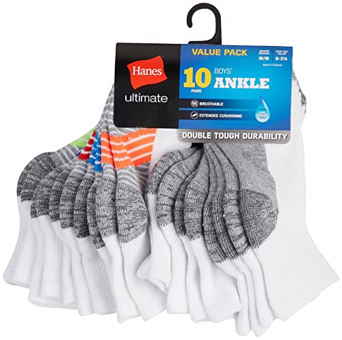 Hanes Ultimate boys Ankle, 10-pack fashion liner socks, White, Large US2