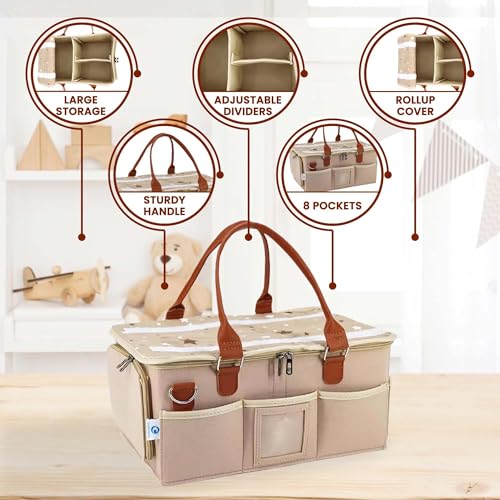 Image of OCEANEVO Cute Felt Diaper Caddy Organizer Bag with Lid and Removable Shoulder Strap | Baby Basket Essentials for Newborn Baby Products Storage with Compartments | 40 x 27 x 19 cm | Model 2 - Beige