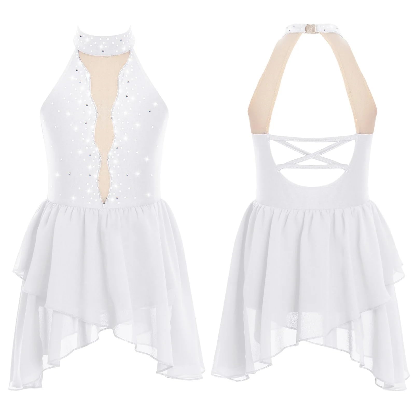Gymnastikanzug Mädchen Ballettanzug Tutu Tanzkleid Ärmellos Tanzkleid Ballerina Gymnastikanzug Bühnenkostüm(White,12)