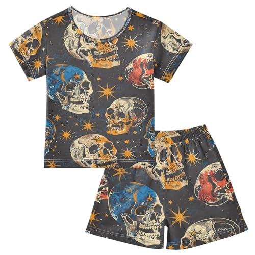 ALAZA Skeleton Sugar Skull Star Planet Pajamas Short Sleeve 2 Piece Sleepwear Top and Bottom Pajama Set Unisex