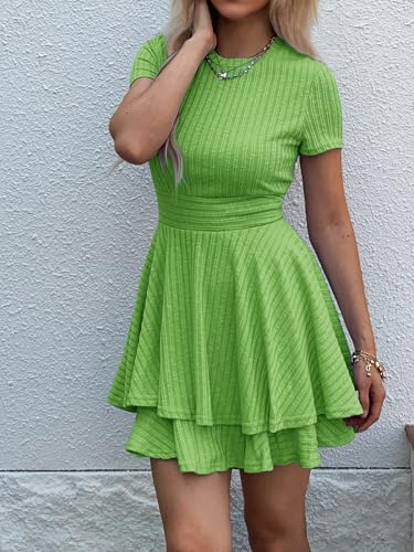 Image of Womens Summer Mini Dresses Short Sleeve Casual Crewneck Knitted Crochet Flowy Tiered Sundress