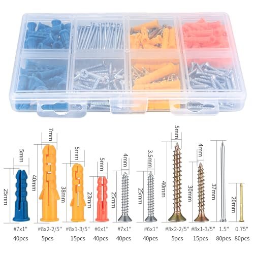 360 Pcs Assorted Screws and Wall Plugs Assortment, Chipboard Fish Type Wall Chipboard Fixings, Flat Head Self Tapping Masonry Wood Raw Plugs and Screws Nails