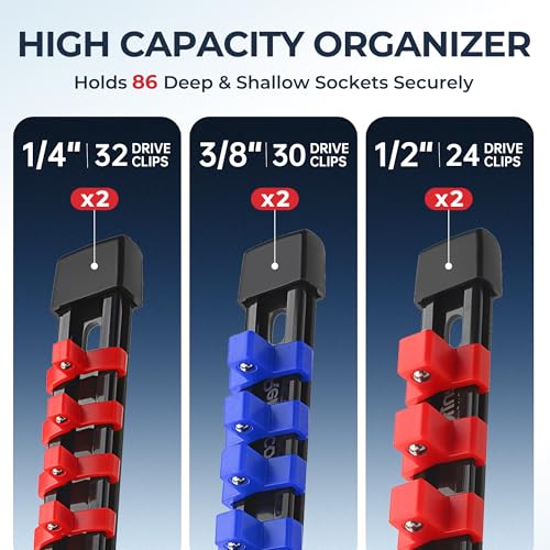 Image of Reniteco 6-Pack Socket Organizer Set, 1 /4 inch x 32 3 /8 inch x 30 1 /2 inch x 24 Clips | 86 Clip Capacity, Havy-Duty ABS Socket Rails, Removable Clips, Drive Socket Storage, Toolbox Drawer or Wall Mount