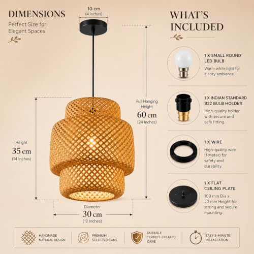 Image of Bamboo Lamp shade | Pendant Lamp | Boho Lamp Shade|Cane Lampshade | Rattan Lamp Shade | Bamboo Hanging Lamps Pendant Light for home office decoration Color-Beige,(Diameter 30 CM, Height 35 CM)