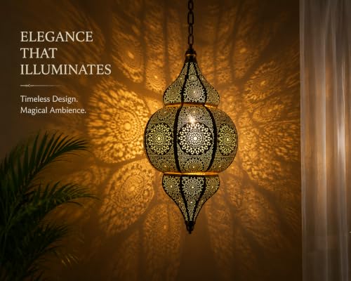 Image of Gold Vintage Moroccan Hanging Lantern | 20 Inch Ceiling Pendant Chandelier Lamp for Home Decor | Antique Golden Finish Indoor Outdoor Decorative Lighting Fixture | Pack of 1