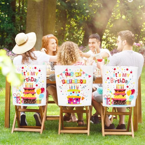ASTNIC Stuhlhussen Happy Birthday für Klassenzimmer, 52 x 47 cm, Geburtstagsstuhlbezug mit buntem Geburtstagskuchen für Kindergeburtstag, Klassenzimmer, Stuhlbezug, Schule, Zuhause, Esszimmer, Party